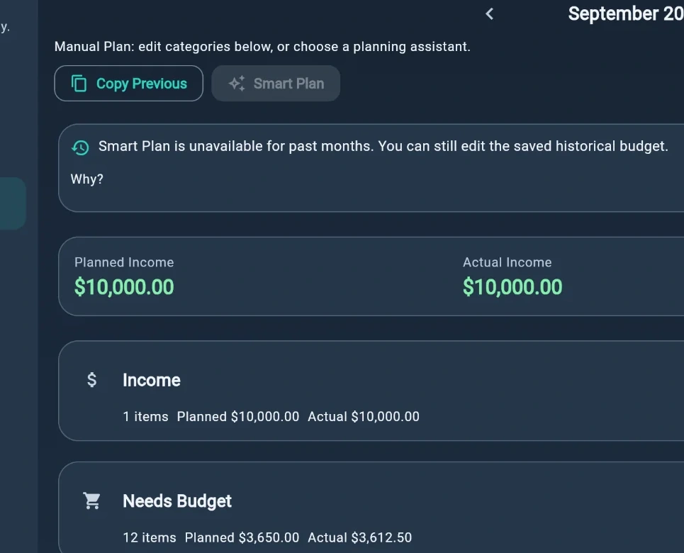 Monthly plan page with planned and actual amounts