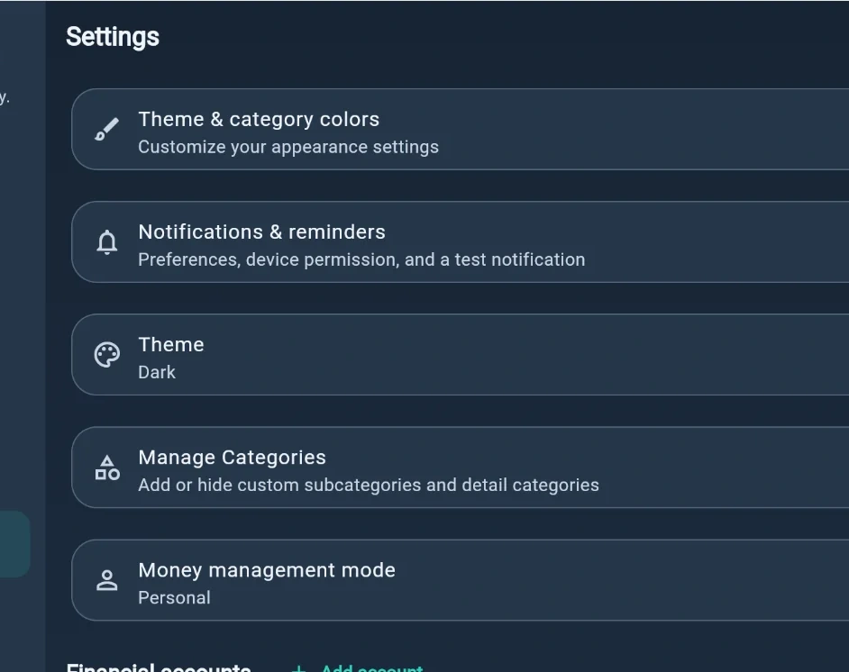 Close-up of SpendCalm settings screen, showing readable interface details