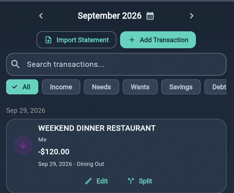 Close-up of SpendCalm transactions screen, showing readable interface details