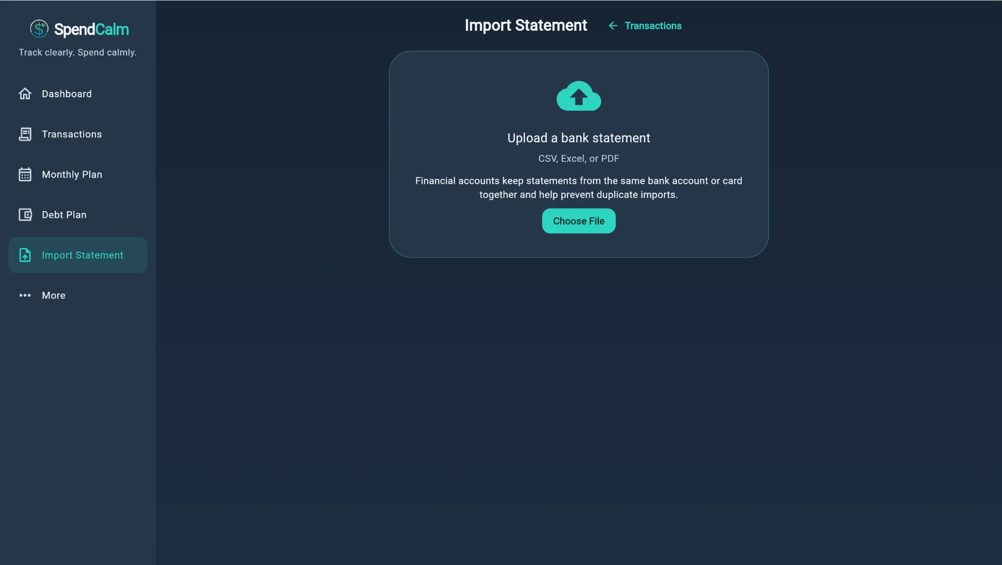 Import bank statement screen with file upload
