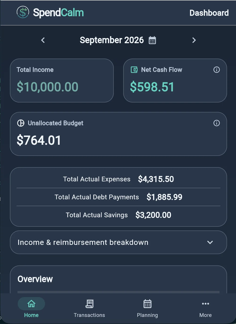 SpendCalm mobile dashboard