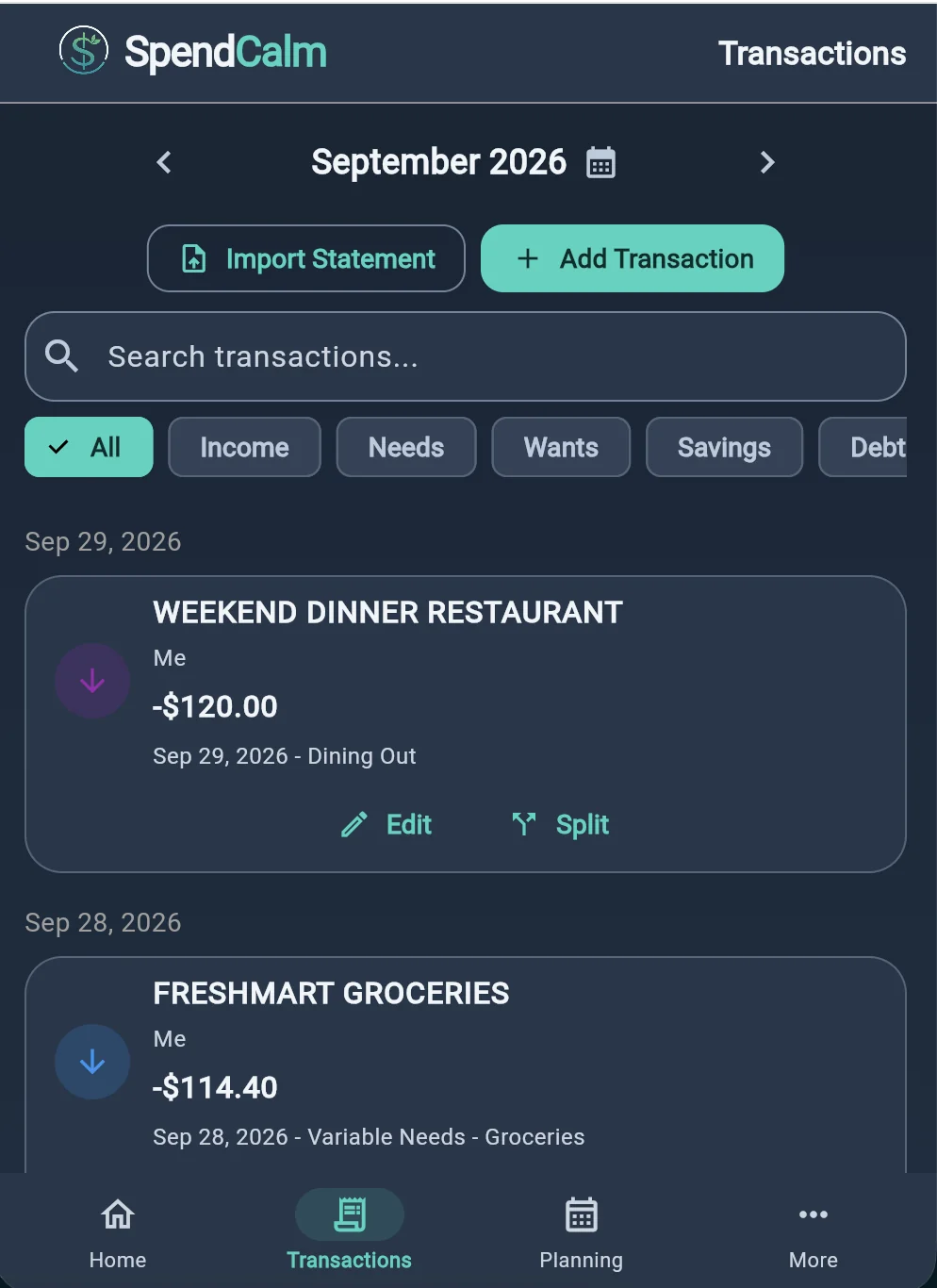 SpendCalm mobile transactions