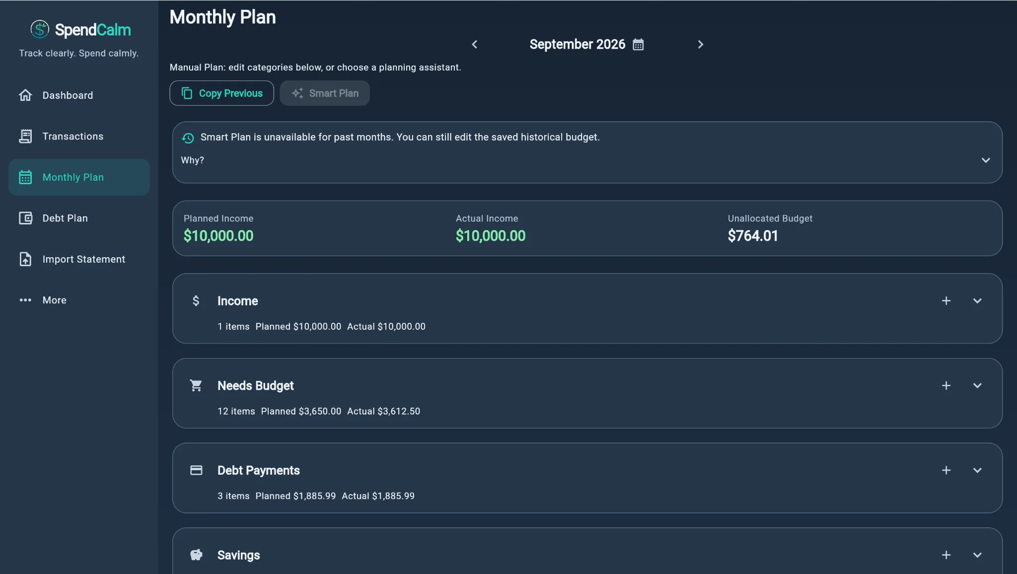 Monthly plan page with planned and actual amounts