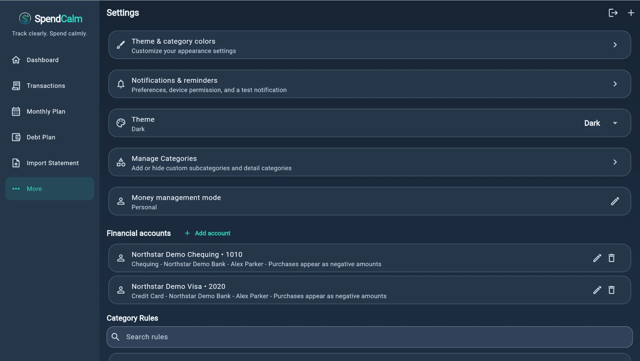 SpendCalm settings for categories, account configuration, and themes