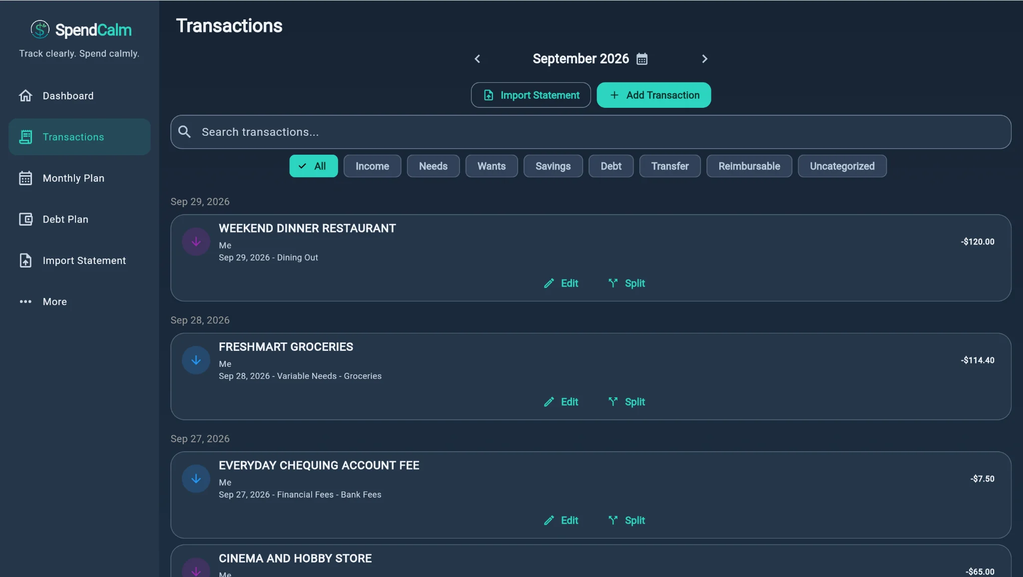 Transaction list and category filters